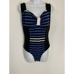 Papina Usa XL One Piece Swimsuit Black Blue Stripe Cross Cross Straps